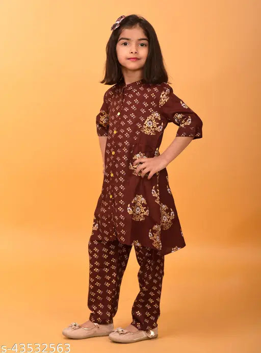Maroon floral printed kurti and pant set for girls, rayon three-quarter sleeve top with trousers on display