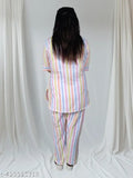 Multicolor striped cotton blend nightsuit set for women, comfortable short kurti pant set with soft cotton blend fabric, perfect for relaxing and sleeping