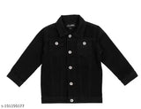 Dark black wash denim jacket: solid, long-sleeve kids' jacket from India