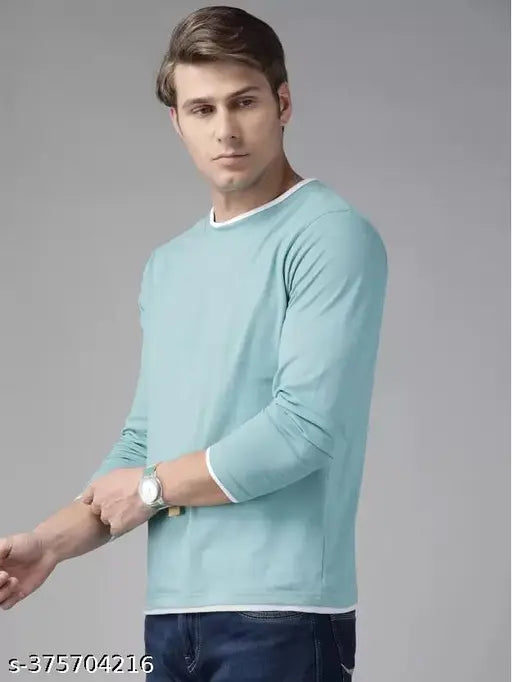 Light blue cotton blend long sleeve men's colorblock round neck T-shirt - premium quality, perfect for daily life