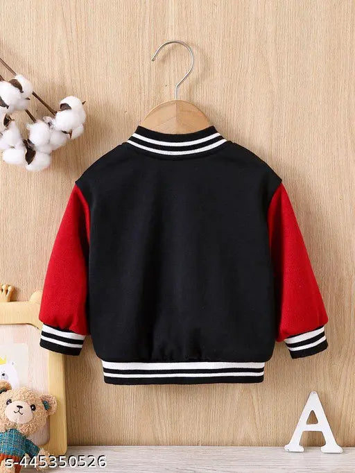 Stylish black and red kids' letterman bomber jacket with stripes, perfect for autumn outings and layering without a T-shirt. Available in sizes from 12-18 months to 9-10 years, made in India