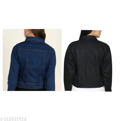 Stylish self-design denim jackets combo for girls (10-16 yrs), denim fabric, long sleeves, India origin