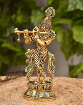 Gold-plated Krishna statue idol, playing flute, 22cm metal home decoration, Indian origin