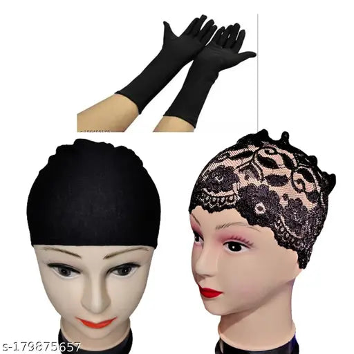 Modern cotton canvas Hijab cap, hand gloves pack of 3 for Islamic wear