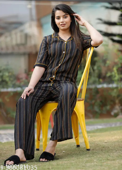 Striped rayon night suite set for women, three-quarter sleeves, multiple sizes available