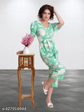 Cotton blend, pista printed women's long jumpsuit with puff sleeves and v-neck closure, trendy one-piece outfit for fashion-forward females