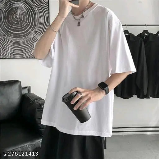 Mens solid cotton oversized round neck t-shirt, short sleeves, solid pattern, size L for chest 40 in and length 28 in