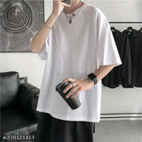 Mens solid cotton oversized round neck t-shirt, short sleeves, solid pattern, size L for chest 40 in and length 28 in