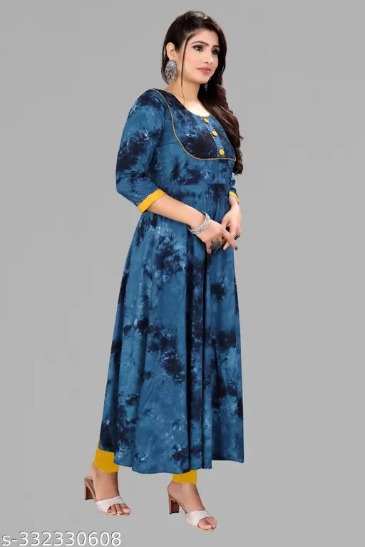 Navy rayon anarkali kurti with dori patched design, three-quarter sleeves - comfortable, breathable, daily wear or occasion dress