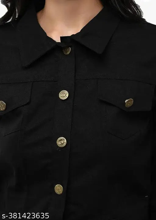 Women's black denim jacket, solid pattern, three-quarter sleeves, S-XL sizes