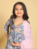 Teal Kora Muslin Maslin Fabric Alia Cut Top with Sharara Dupatta Set for Girls - Traditional Ethnic Wear for Kids, India