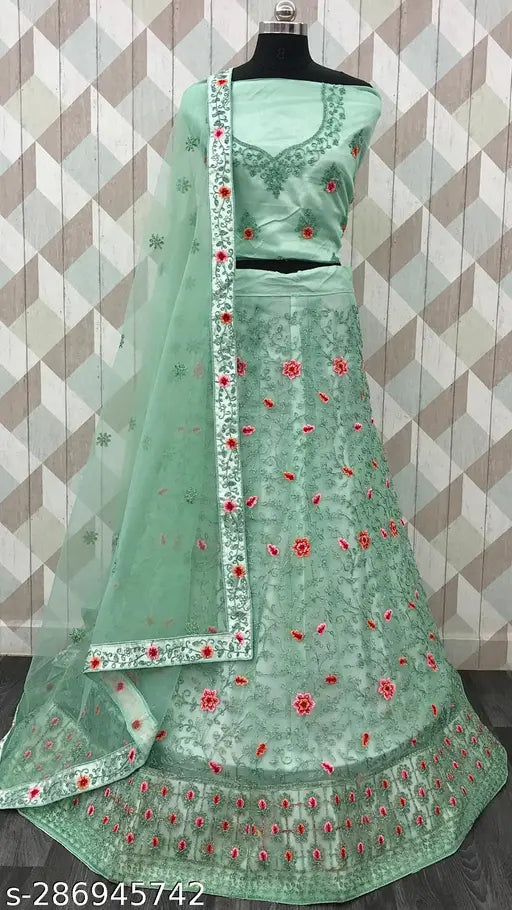 Designer net embroidered lehenga choli set with semi-stitched blouse and matching dupatta, free size, 2.5m dupatta length, Indian ethnic wear for functions, parties, bridal, or festive occasions