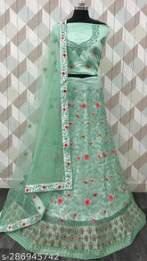 Designer net embroidered lehenga choli set with semi-stitched blouse and matching dupatta, free size, 2.5m dupatta length, Indian ethnic wear for functions, parties, bridal, or festive occasions