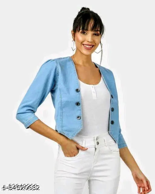 Denim three-quarter sleeve waistcoat for women - trendy feminine jacket, solid net design - size S