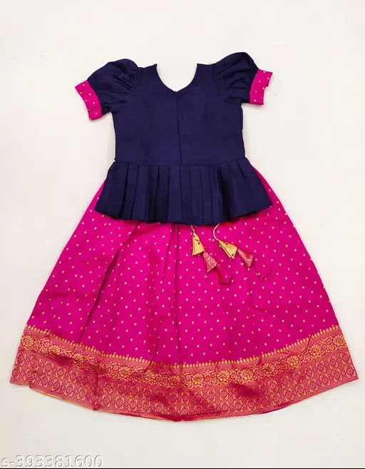 Kids Girl Elephant Pattu Pavadai lehenga choli - Art Silk top with brocade pattern, short sleeves. Indian handcrafted traditional outfit for girls aged 12-10 years