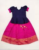 Kids Girl Elephant Pattu Pavadai lehenga choli - Art Silk top with brocade pattern, short sleeves. Indian handcrafted traditional outfit for girls aged 12-10 years