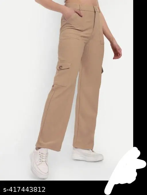 Solid lycra bell-bottom cargo trousers for formal and regular wear, like a plazo, available in sizes S-XXL. Made in India