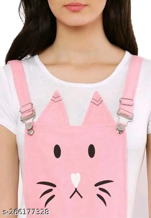 Pink cotton blend women's round-neck cat print dungarees, short sleeves, India origin