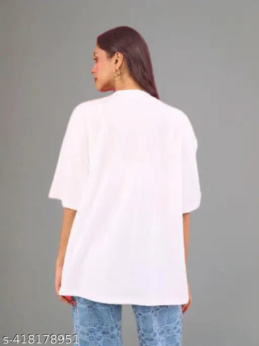 Cotton blend oversized round neck printed funky half-sleeve drop shoulder t-shirt for women, loose fit - M, L, XL, XXL from India