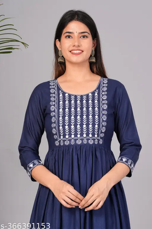 Blue rayon embroidered flared kurta for women, solid pattern with three-quarter sleeves