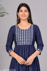 Blue rayon embroidered flared kurta for women, solid pattern with three-quarter sleeves