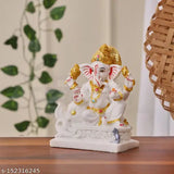 White marble Ganesh Ji ki Stone Murti, ornate 5.5-inch Ganpati Idol from India