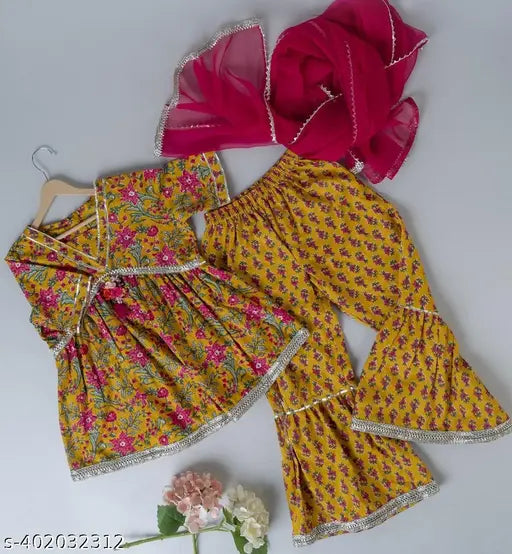 Cotton A-line Surbhi Kurti-Sharara set & printed dupatta, premium quality with heavy gota detailing for girls aged 9-10 years