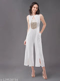 White polyester solid v-neck jumpsuit, sleeveless with off white sequin panel, Indian origin
