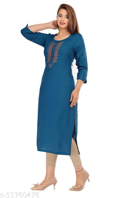 Teal blue rayon straight kurti with printed combo, three-quarter sleeves, and handwork on neck - women's Indian fashion from Jyoti Creation, dark green color, size XXL (bust 44 in), made in India