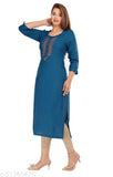 Teal blue rayon straight kurti with printed combo, three-quarter sleeves, and handwork on neck - women's Indian fashion from Jyoti Creation, dark green color, size XXL (bust 44 in), made in India