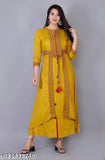 Yellow rayon embroidered kurti with three-quarter sleeves, perfect for women's Indian fashion