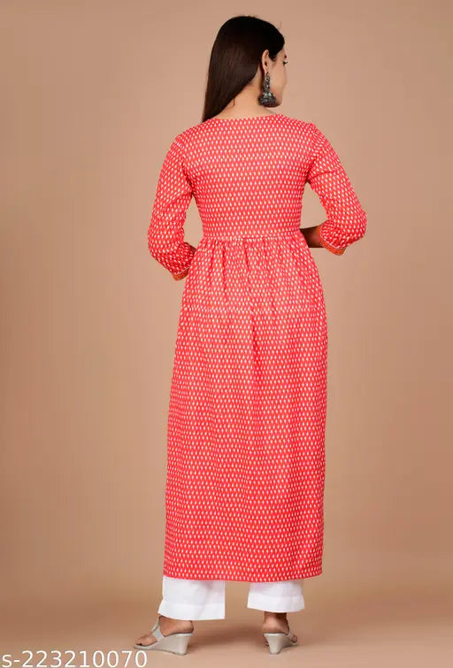 Red rayon embroidered kurta, three-quarter sleeves, Indian printed design. L size with bust 40 inches