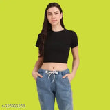 170 GSM Bio Wash 100% Cotton Plain Crop Top - Solid color, casual wear for women