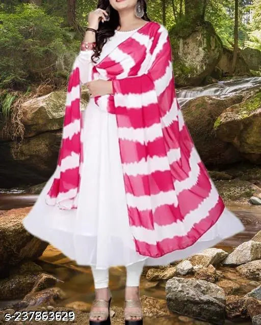 White georgette fancy gown with digital print dupatta for women, solid net, long sleeves, S-XXXL sizes