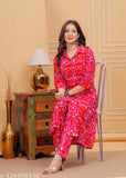 Cotton Omiraj Candy Red Coord Set 007: printed net kurta & palazzos, full sleeve, women's casual wear
