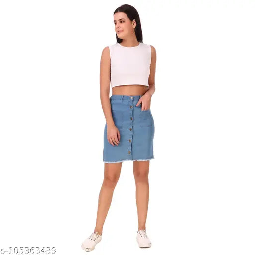 Light blue denim skirt, straight cut for women by Kashian. Solid pattern, available in sizes 28-34