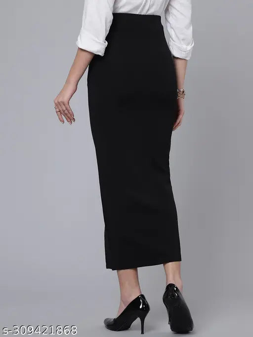 Black polyester maxi length formal skirt with high slit for women, self-design net pattern, size 26/28/30/32/34