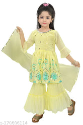 Chiffon Anarkali Kurta Set with Sharara - Embroidered, trending girls ethnic wear, Diwali celebration