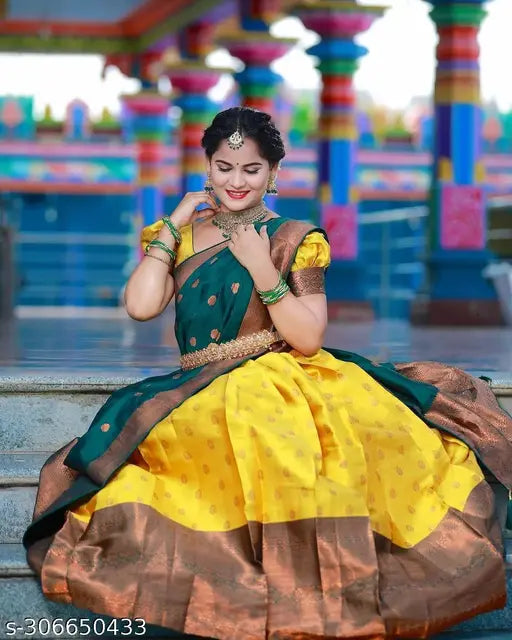 South Indian Style Unstitched Half Saree Set in Lichi Silk, featuring Zari designs, includes Choli, Dupatta, and belt