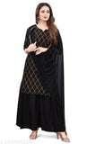 Black Mayuri Rayon duppata and sharara set with three-quarter sleeves, printed, stitched net, single quantity. Indian women's outfit in black and morpitch color featuring gold foil and lace work