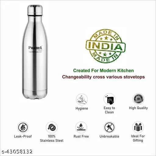 Royal Silver Stainless Steel Fridge Water Bottle Set of 4, leak-proof, rust-proof, odor-free, break-proof for home, gym, college, office, school, yoga, and fridge