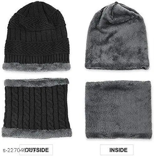 Woolen hat cap, neck warmer scarf set (Black). Soft, stretchy wool for men & women winter wear. Knitted beanie with fur net pattern and cozy fleece lining. Indian craftsmanship