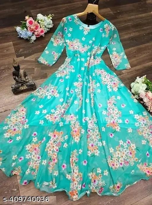 Heavy weight Georgette maxi gown with long sleeves, less printed design for women, Khodiyaar Fashion