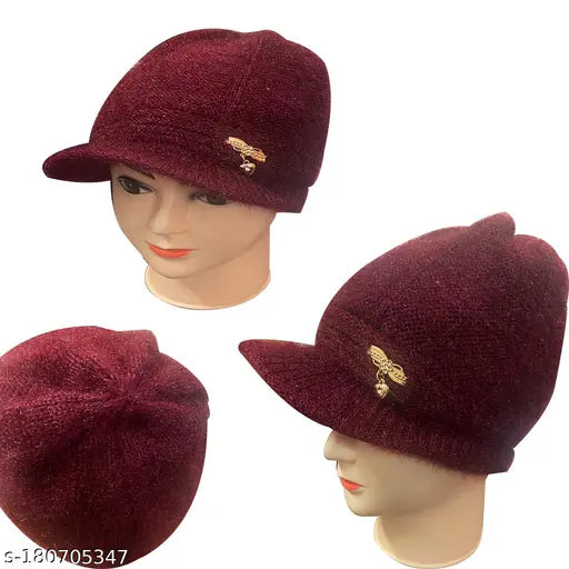 Maroon woolen knitted beanie, fur-lined winter cap for unisex use, ideal for fall/winter wear, soft textured design, cozy acrylic material, made in India