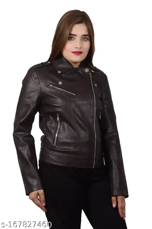 Faux leather jacket for women, solid-colored, long sleeves, Indian-made ladies' fashion apparel