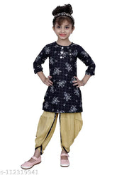 Navy blue designer checked Patiala suit for girls by Hariyal Creation, cotton silk anarkali style with short sleeves, knee length, Indian ethnic kids wear, size 3-4 years