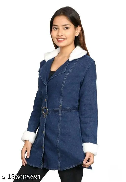 Dark blue denim long jacket, studded and cut-out styles. Ideal for women and teens. Winter wear accessory from India