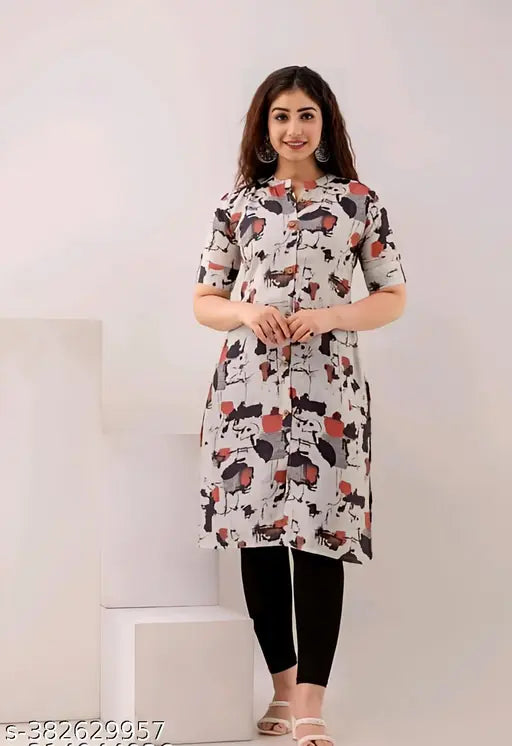 Cotton blend magic print kurti for women, short sleeves, Indian-made fashion on mannequin