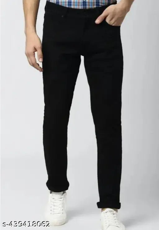 Black denim men's slim fit jeans, durable and comfortable for everyday wear