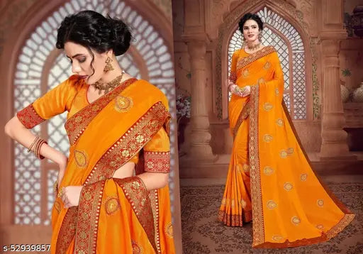 Vichitra Silk saree with Jacquard border, intricate embroidery on solid net, India-made